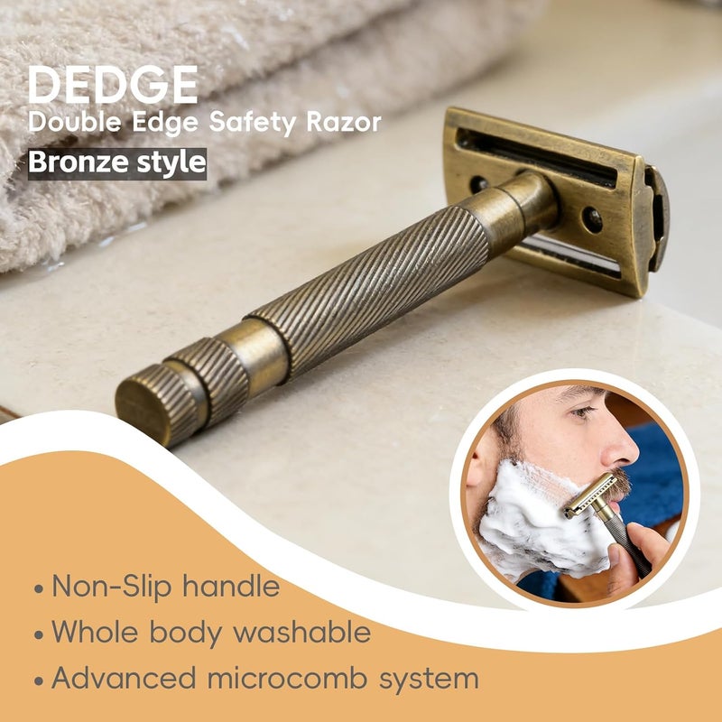 DEDGE Classic Double Edge Safety Razor Single Blade Razor For Men-Reusable Razor-With 5 Premium Razor Blades -Bronze - Image 2